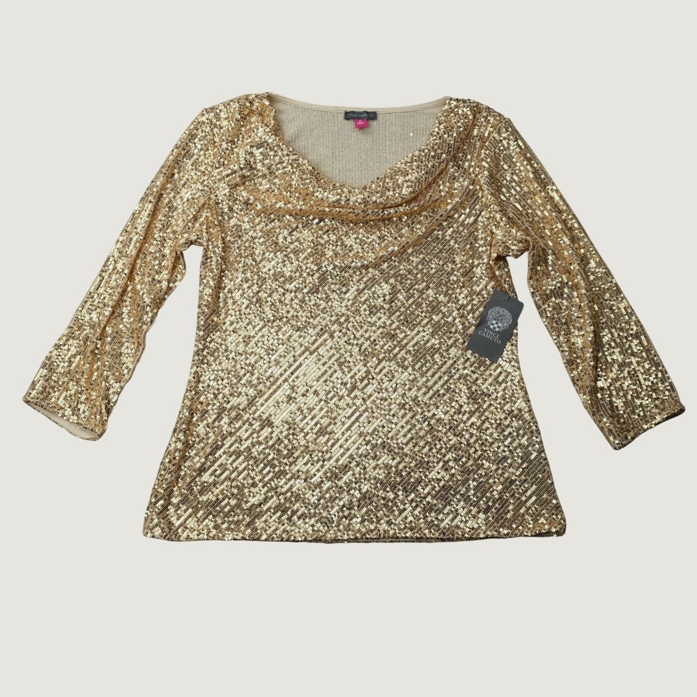NWT Vince Camuto Sequin Top Cowl Neck M Gold Twinkle & Glow 3/4 Sleeve